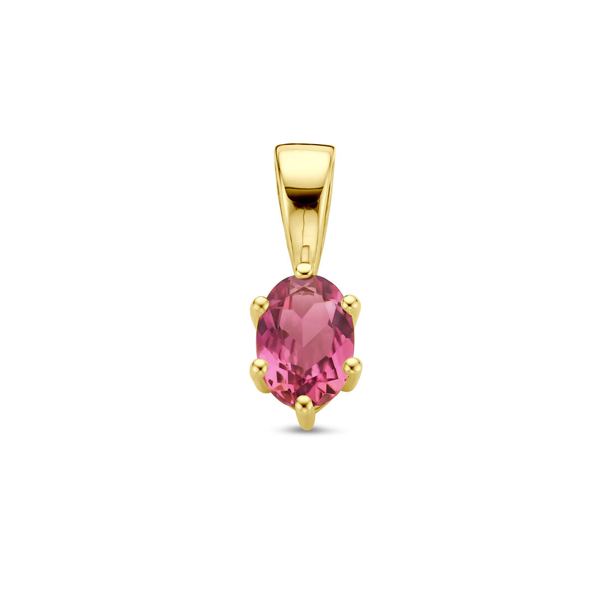 De Van der Kooij Collectie hanger met geboortesteen 14K geelgoud is een ovaalvormige hanger met roze saffier, gezet in vier pootjes en afgebeeld tegen een witte achtergrond.