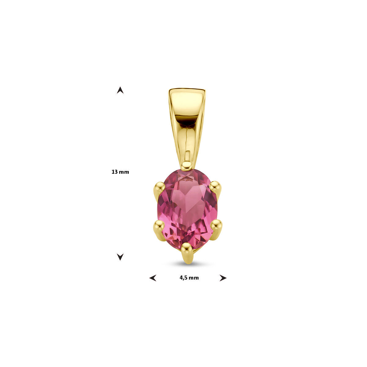 De Van der Kooij Collectie hanger met geboortesteen 14K geelgoud heeft een ovale roze saffier (vastgezet met zes pootjes) en voldoet aan 13 mm hoog en 4,5 mm breed.