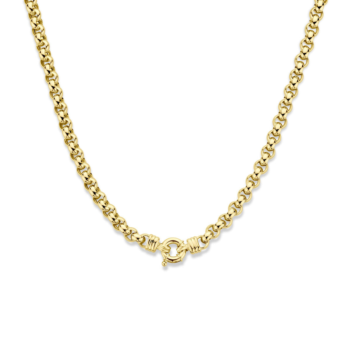Collier jasseron en or jaune 14K de 7 mm de large et 45 cm de long.