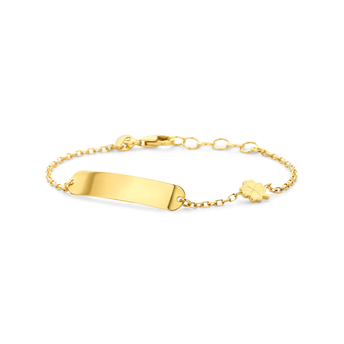 Bracelet en or jaune 14K avec plaque gravable et motif de trèfle à quatre feuilles.