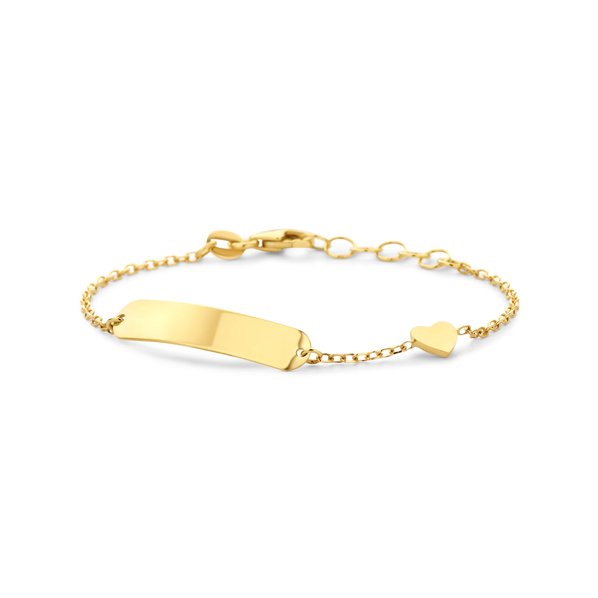 Bracelet en or jaune 14K avec plaque gravable et petit cœur.