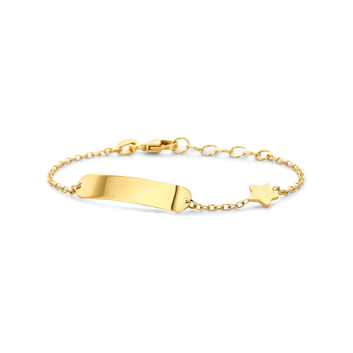Bracelet en or jaune 14K avec plaque gravable et étoile.