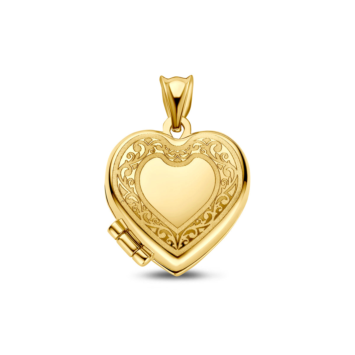 Pendentif en forme de cœur en or jaune 14K avec gravure délicate.
