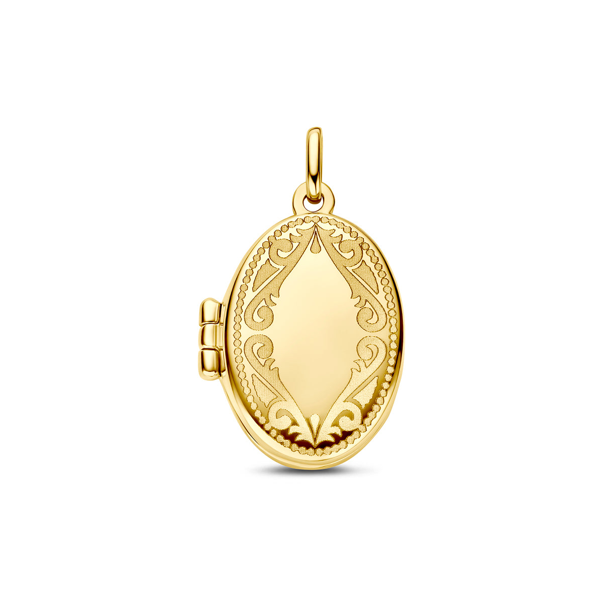 Pendentif ovale en or jaune 14K avec gravure délicate et finition polie.