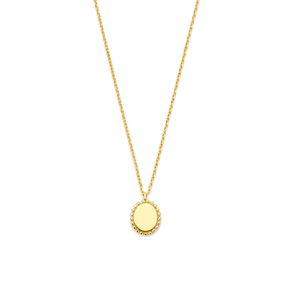 Collier en or jaune 14K avec pendentif rond et chaîne délicate.