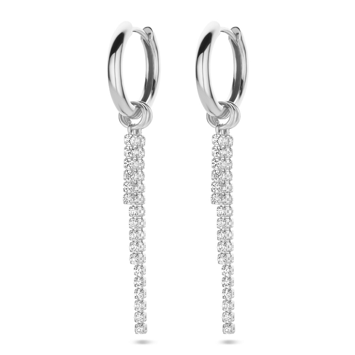 Boucles d'oreilles en argent rhodié avec pendentifs en zirconium, longueur de 46 mm.