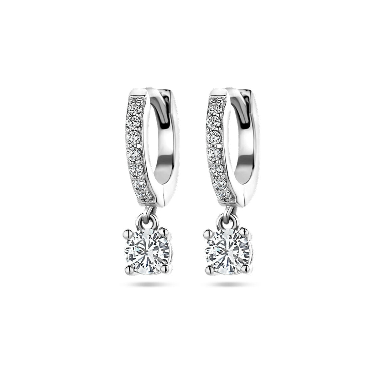 Boucles d'oreilles en argent rhodié avec zirconia, ornées d'un pendentif brillant.