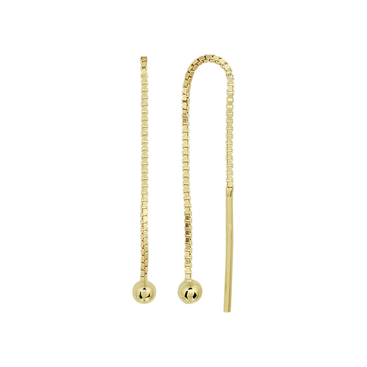 Boucles d'oreilles pendantes en argent doré, avec des tiges fines et des billes rondes.