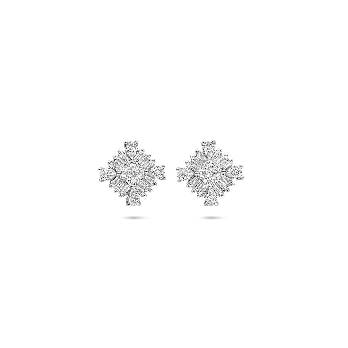 Boucles d'oreilles en argent rhodié avec zircons, forme de flocon de neige, 15 mm.