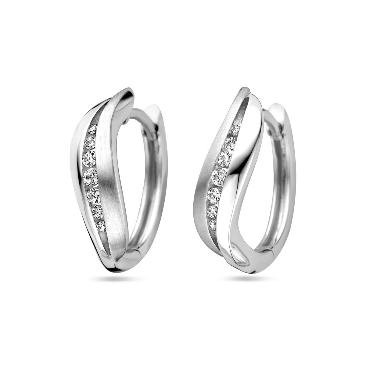 Boucles d'oreilles en argent rhodié avec zirconiums, au design ondulé.