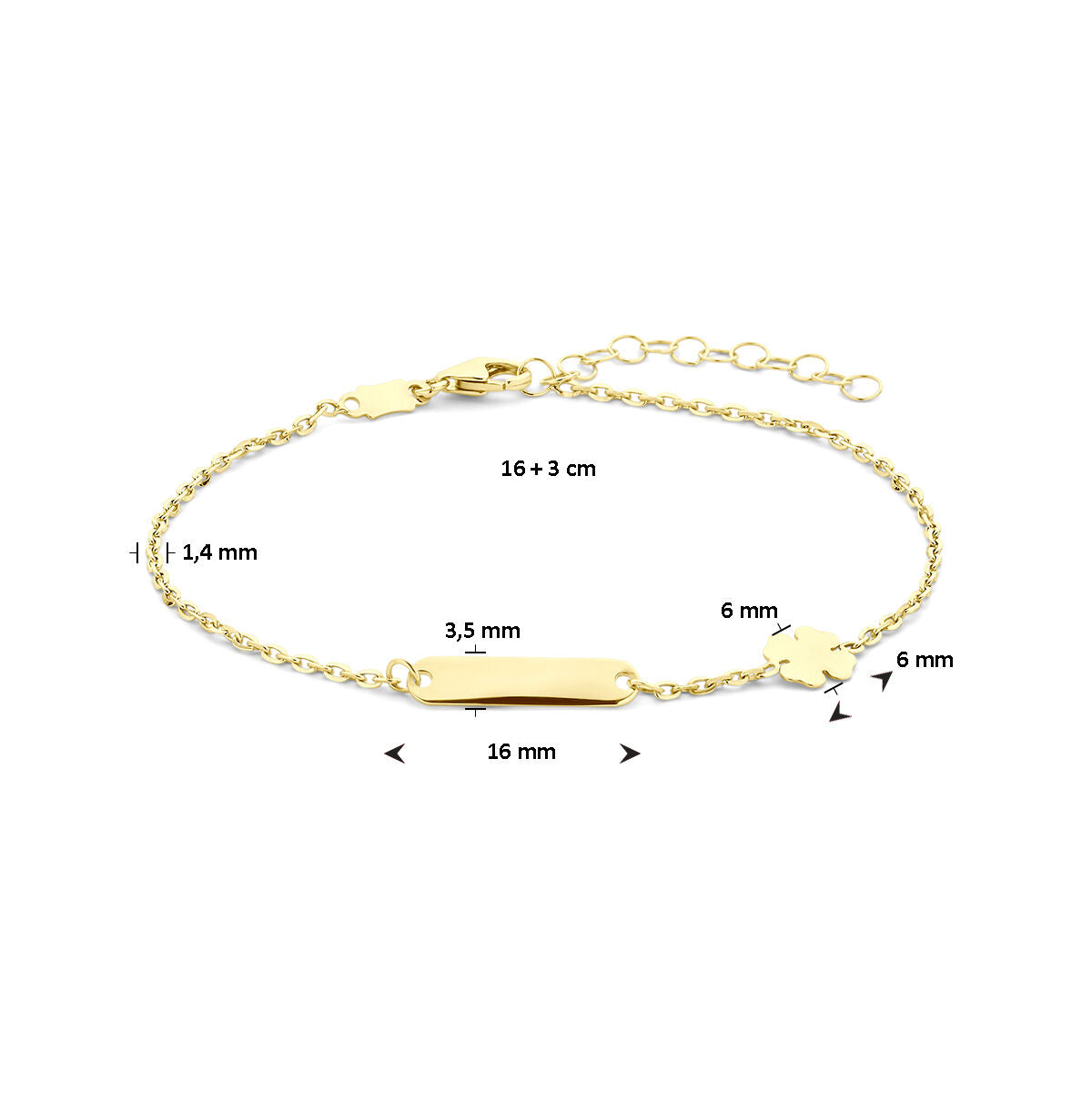 bracelet gravée trèfle plaque 3,5 mm 16 + 3 cm or jaune 14K