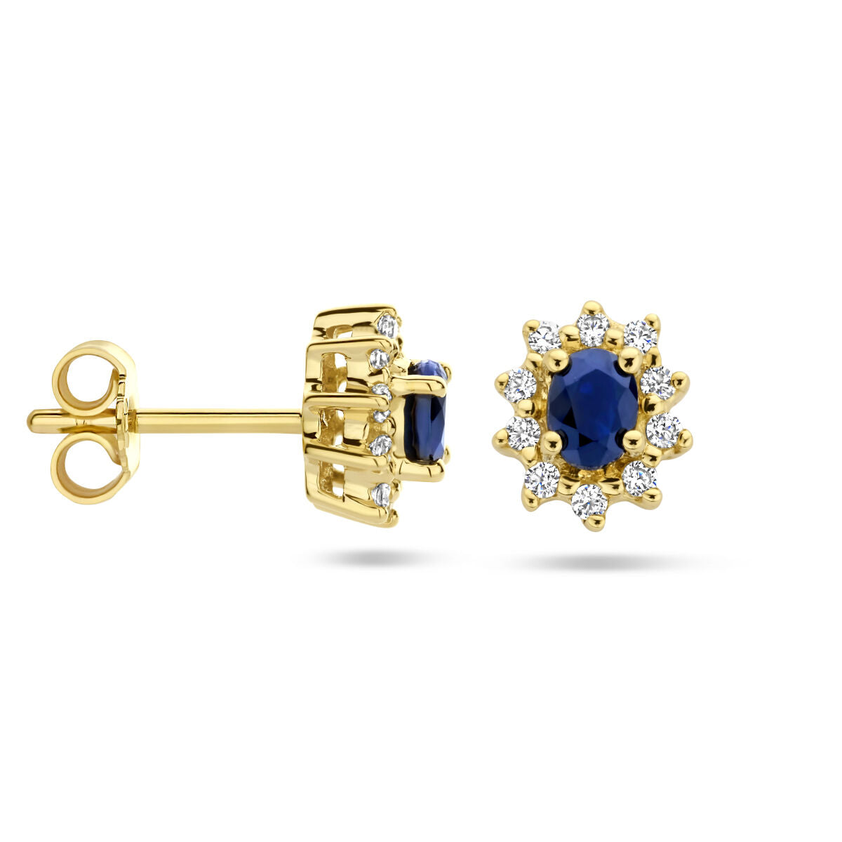 puces d'oreilles saphir et zircone halo 14K or jaune