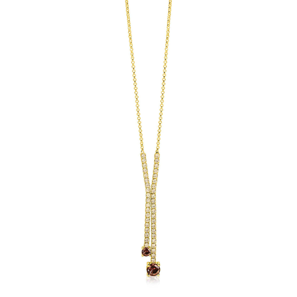 Collier Y en argent doré de 45 cm avec deux pendentifs en pierres précieuses.