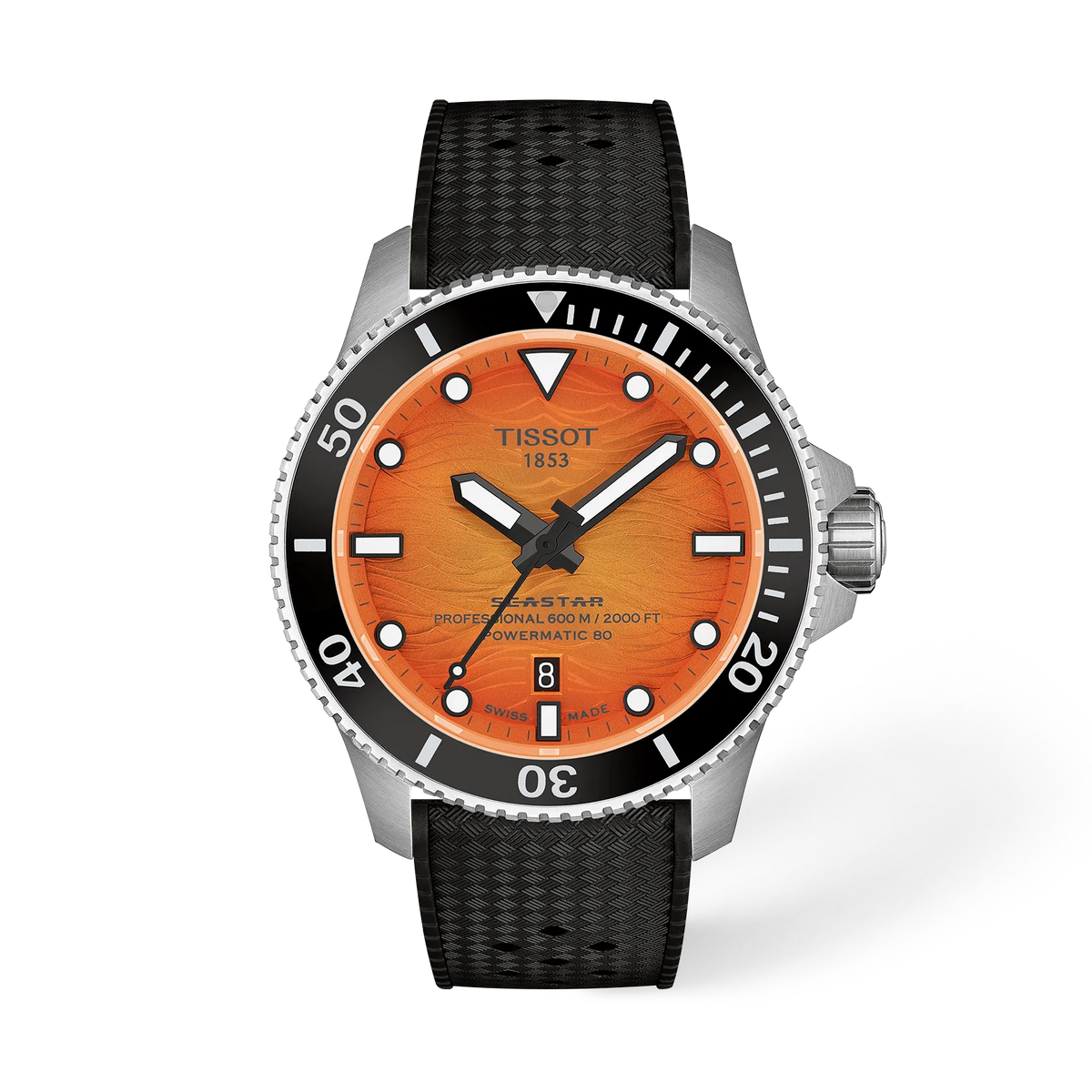 Montre Tissot Seastar 2000 avec cadran orange, boîtier en acier inoxydable et bracelet en caoutchouc noir.