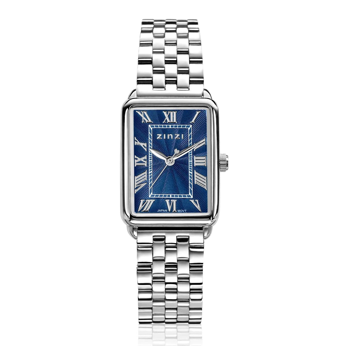 Montre en acier argenté avec cadran bleu et bracelet à maillons.
