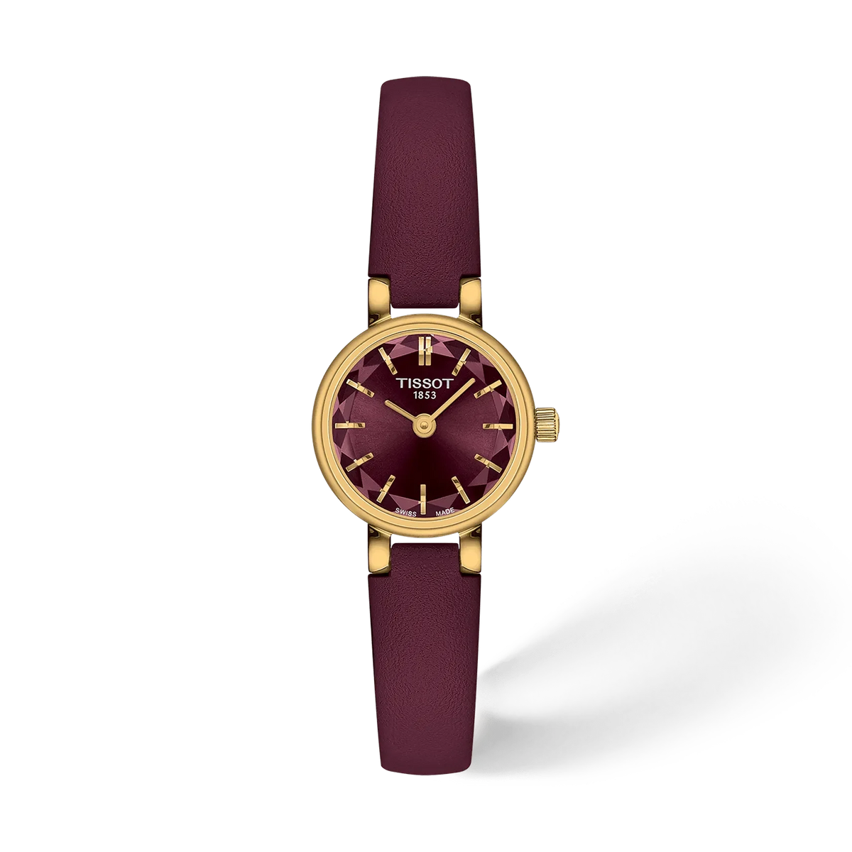 Montre Tissot ronde de 19,5 mm avec un cadran bordeaux et un bracelet en cuir violet.