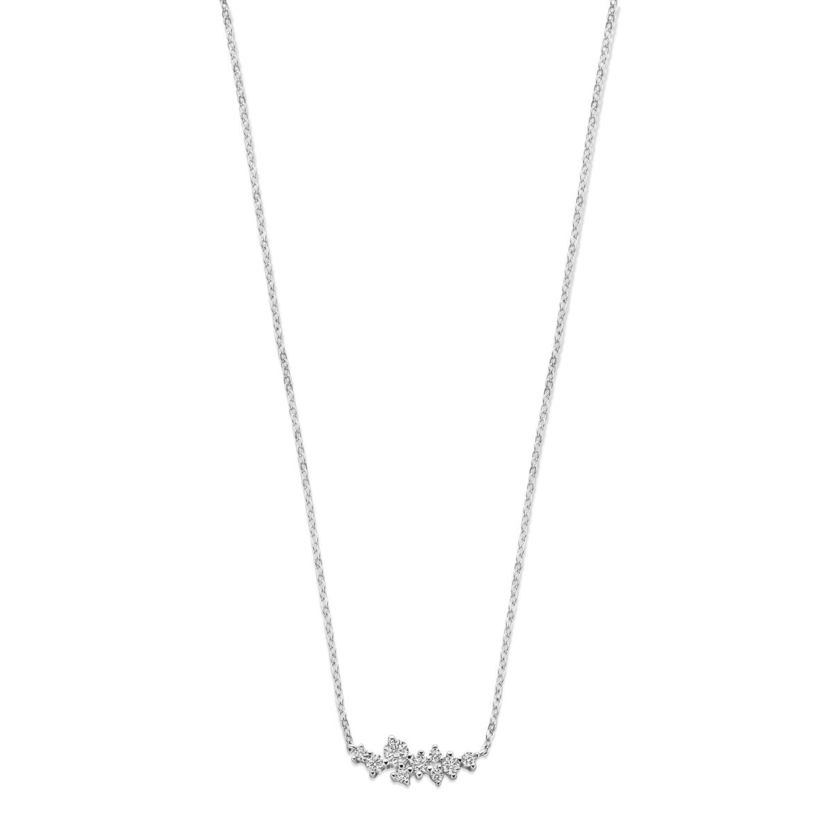 Collier en argent rhodié avec zirconia, longueur de 42 + 3 cm, motif floral délicat.