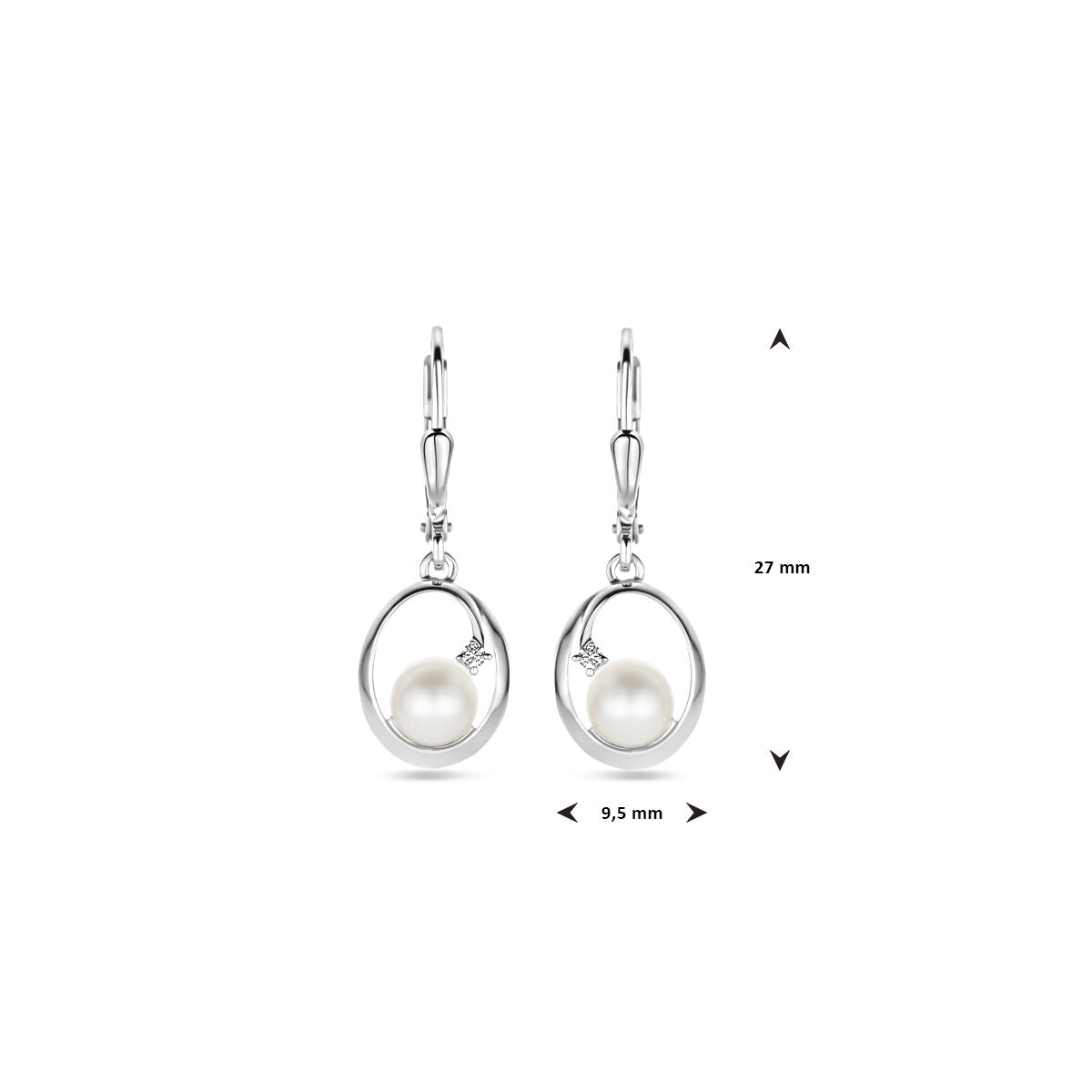 boucles d'oreilles ovales perle et zircone brisur crochet 27 mm argent rhodié