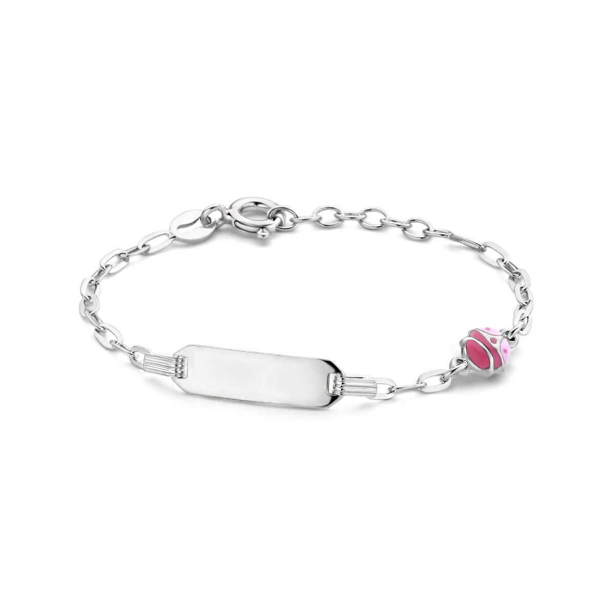Bracelet en argent rhodié avec plaque gravable de 5,0 mm et un charm en forme de coccinelle.