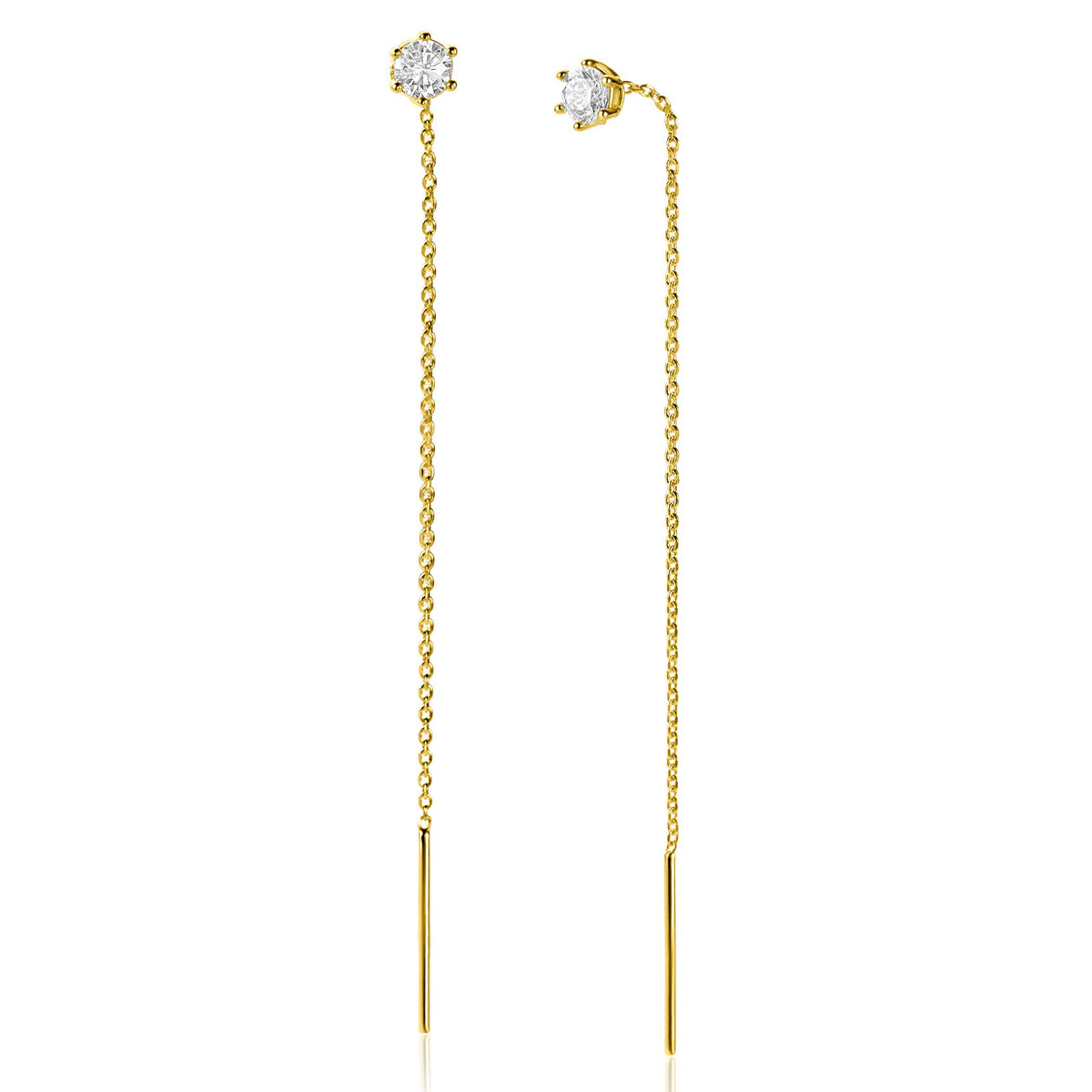 Boucles d'oreilles en argent doré avec des chaînes longues et des pierres brillantes.