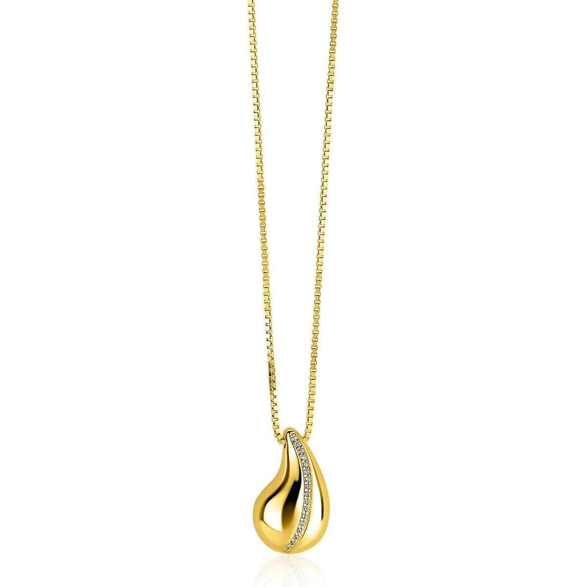 Collier doré avec pendentif en forme de goutte et strass.