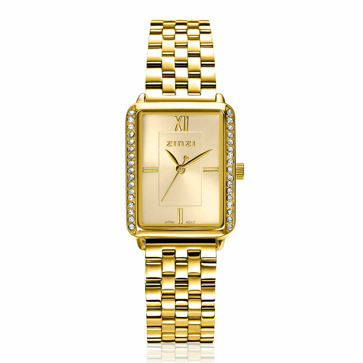 Montre dorée avec boîtier rectangulaire, cadran doré et bracelet en maillons, ornée de strass.