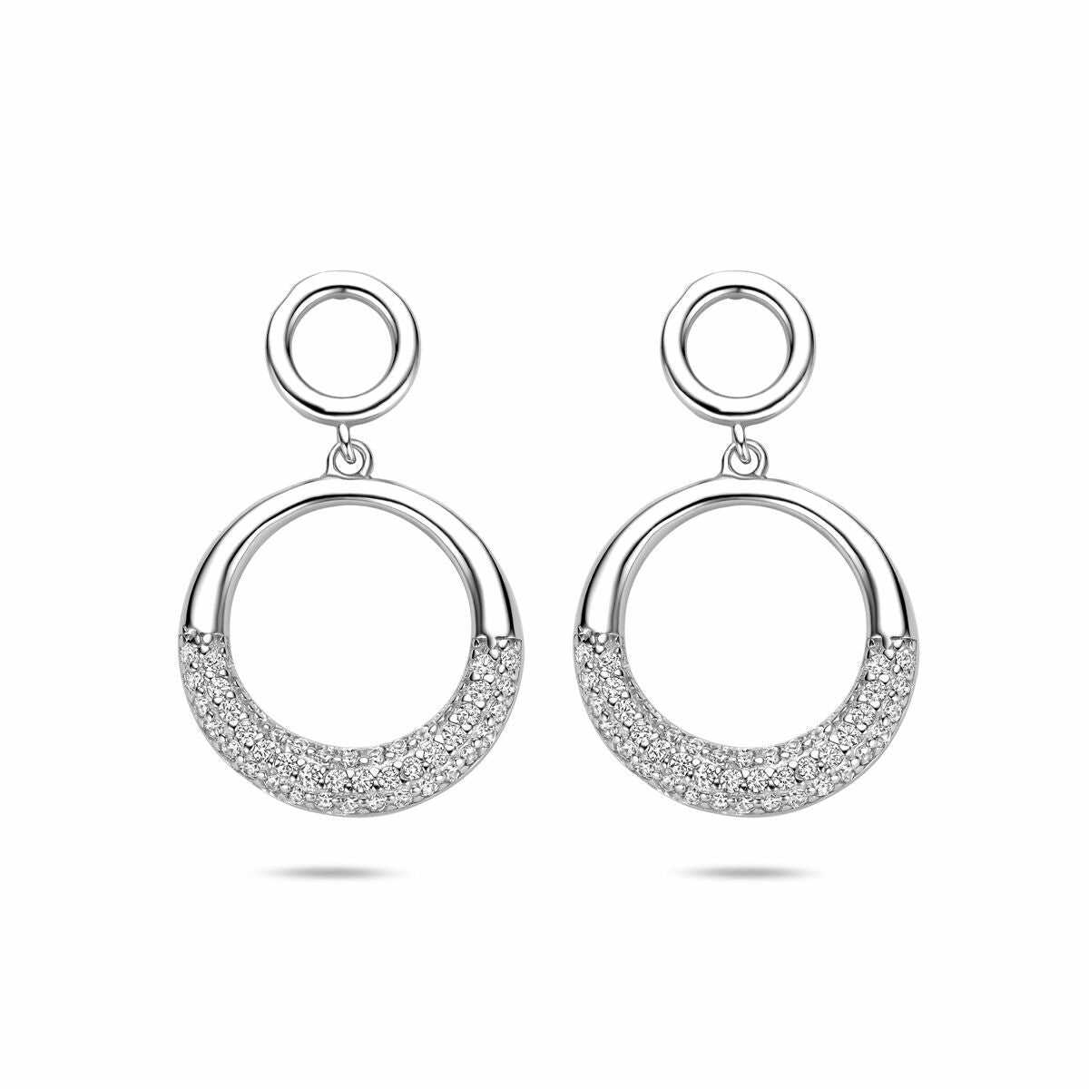 Boucles d'oreilles en argent rhodié 925 avec zirconia, en forme de cercle avec un détail brillant.