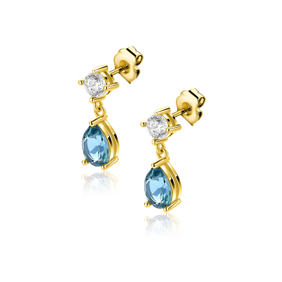 Boucles d'oreilles dorées avec un cristal transparent et une pierre bleu-vert en forme de goutte.