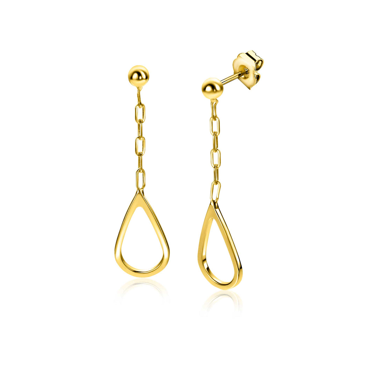 Boucles d'oreilles en argent doré avec une forme en goutte et une chaîne délicate.