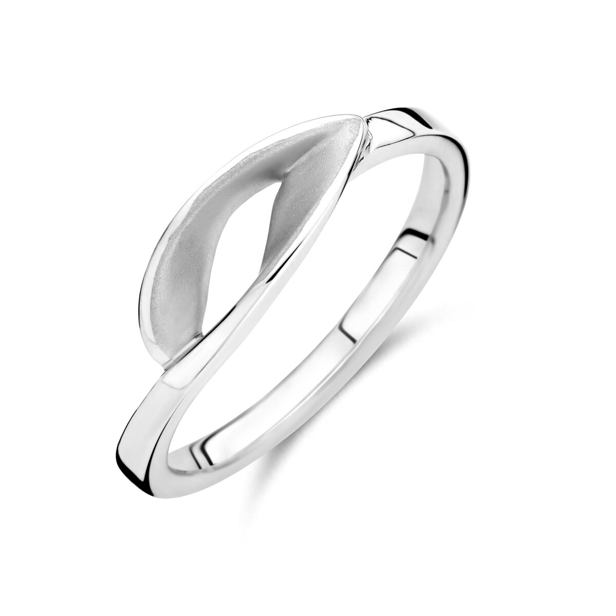 Bague en argent 925 rhodié avec finition polie et mate, design en forme de goutte.