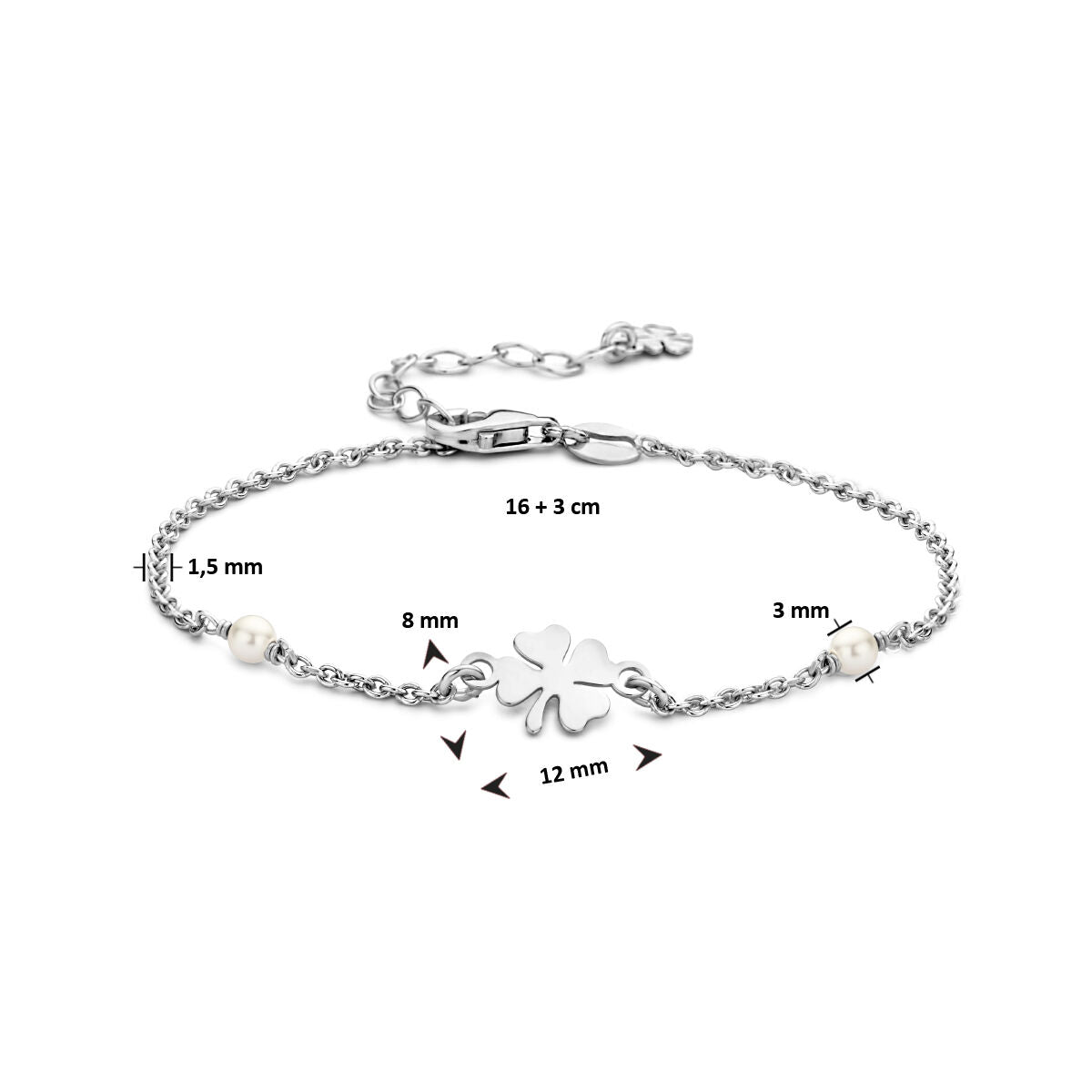 bracelet synth. perle et trèfle 16 + 3 cm argent rhodié