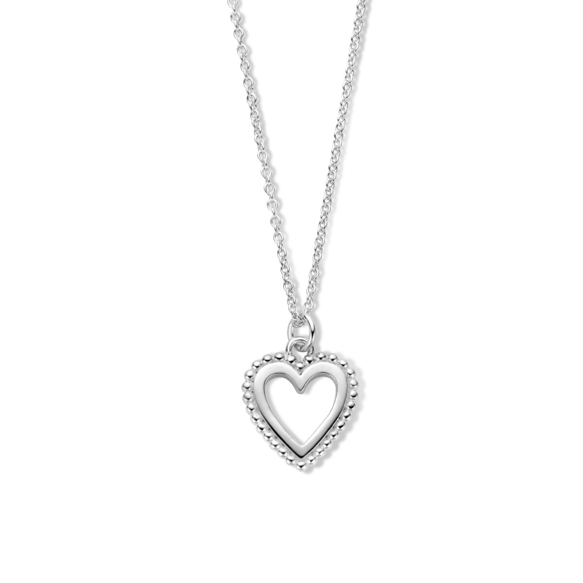 Collier en argent rhodié avec pendentif en forme de cœur.