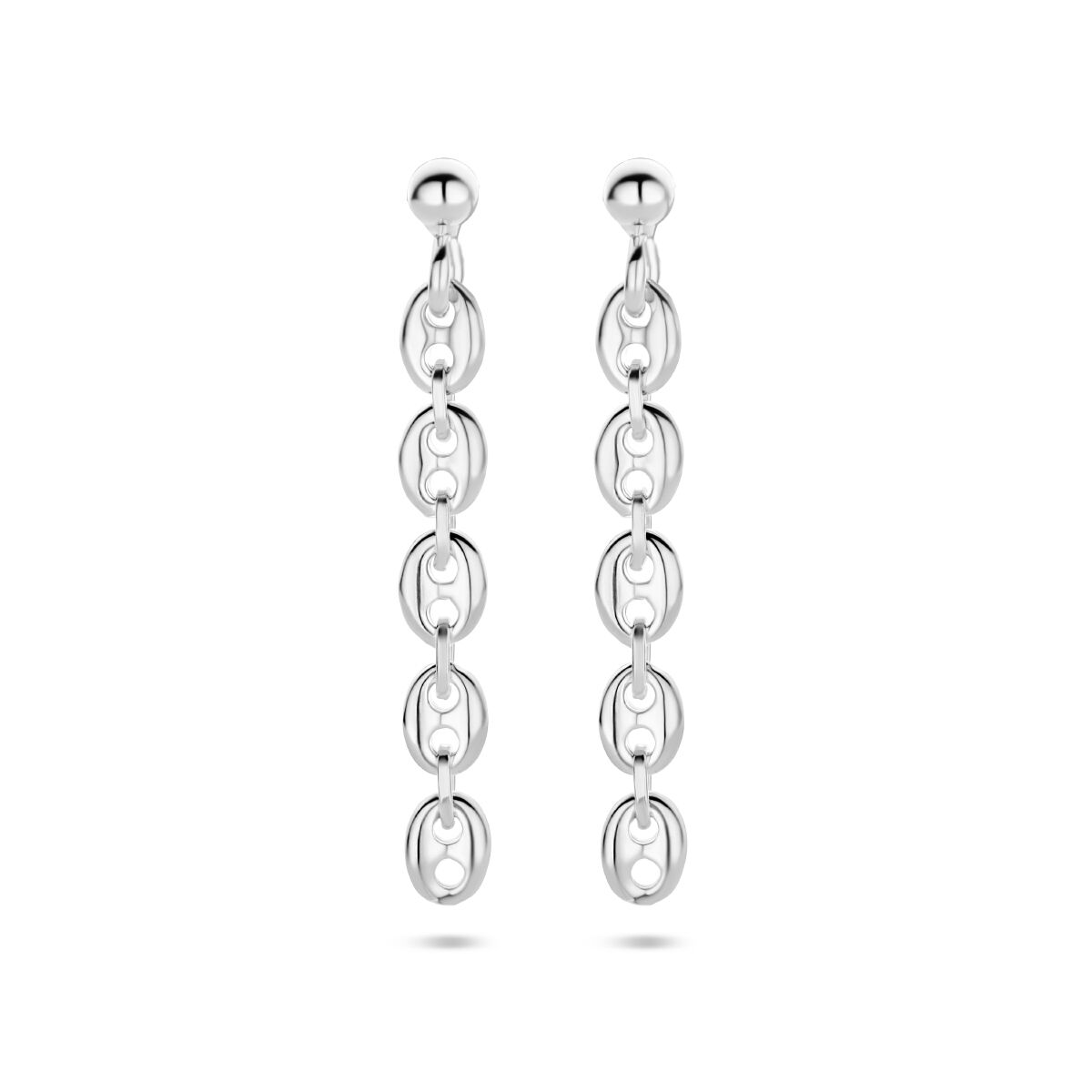 Boucles d'oreilles en argent rhodié en forme de grains de café, avec un design allongé.