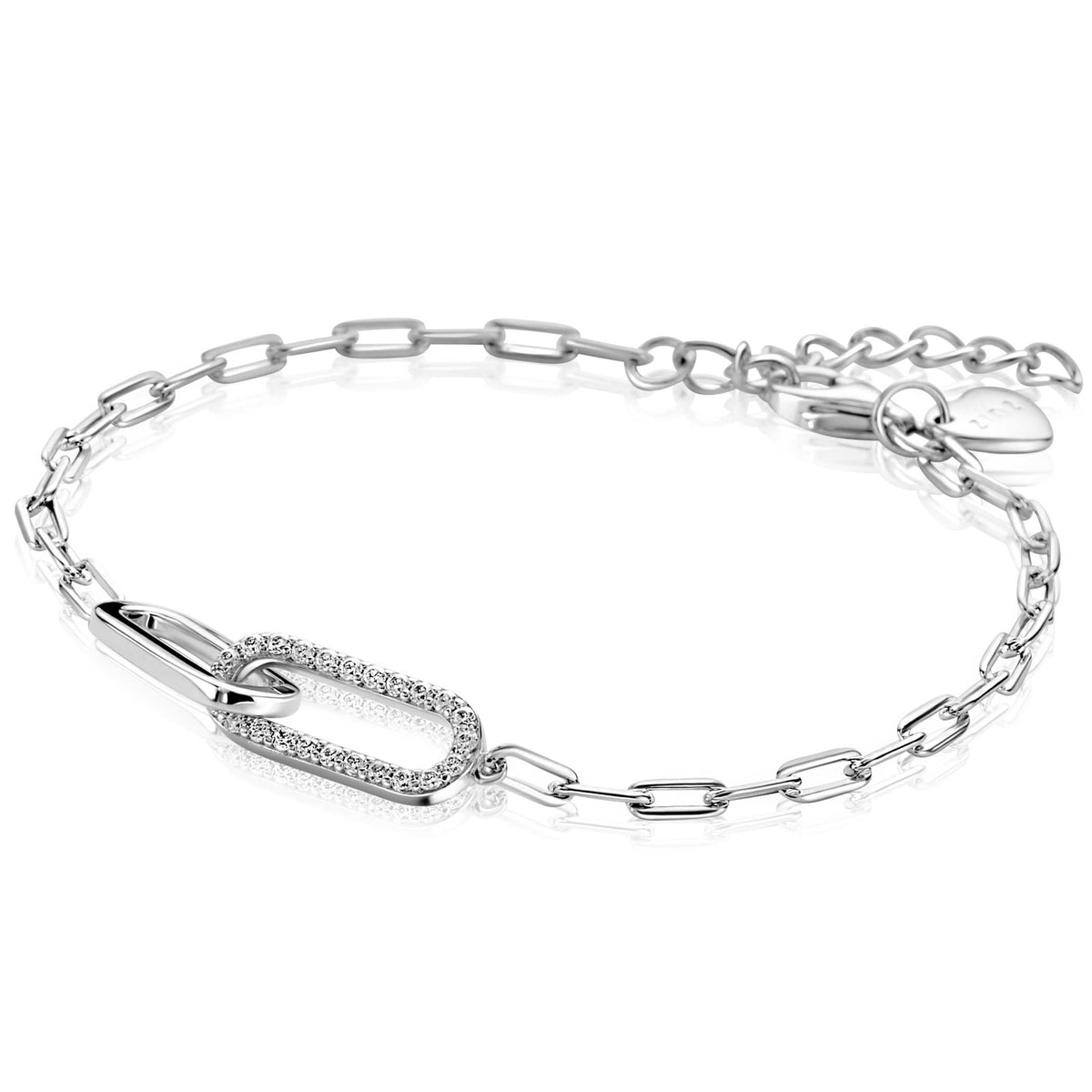 Bracelet en argent avec maillons ovales et un élément en forme de boucle serti de pierres.