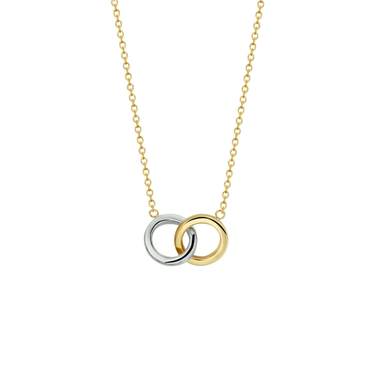 Collier en or bicolore avec deux anneaux entrelacés, un en or jaune et un en or blanc.