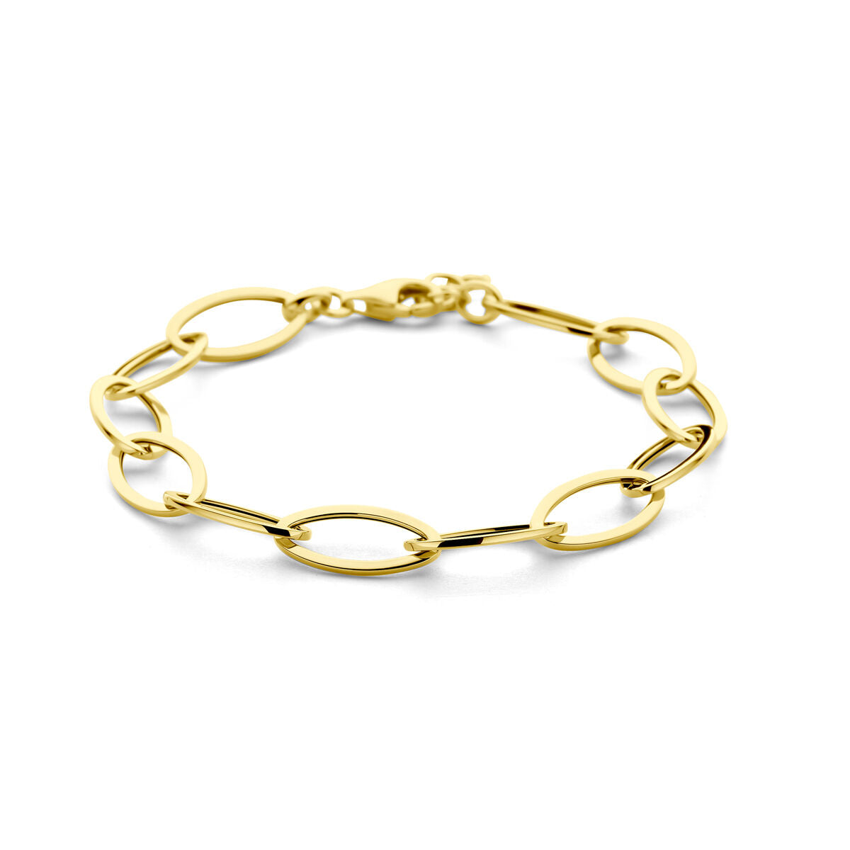 Bracelet en or jaune 14K avec maillons ovales, largeur de 9 mm, longueur ajustable de 18,5 à 20 cm.