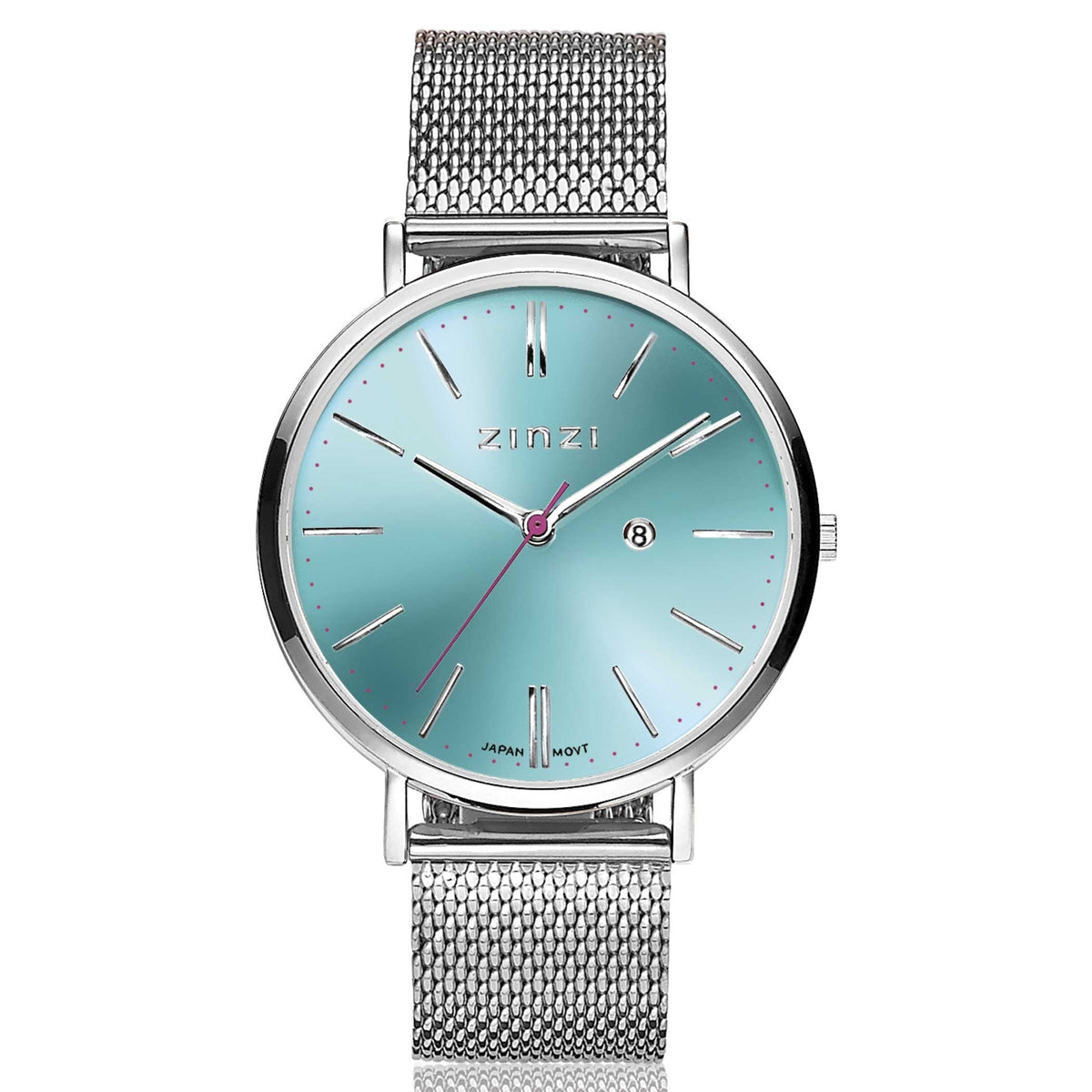 Montre en acier argenté avec un cadran bleu clair et un bracelet en maille.