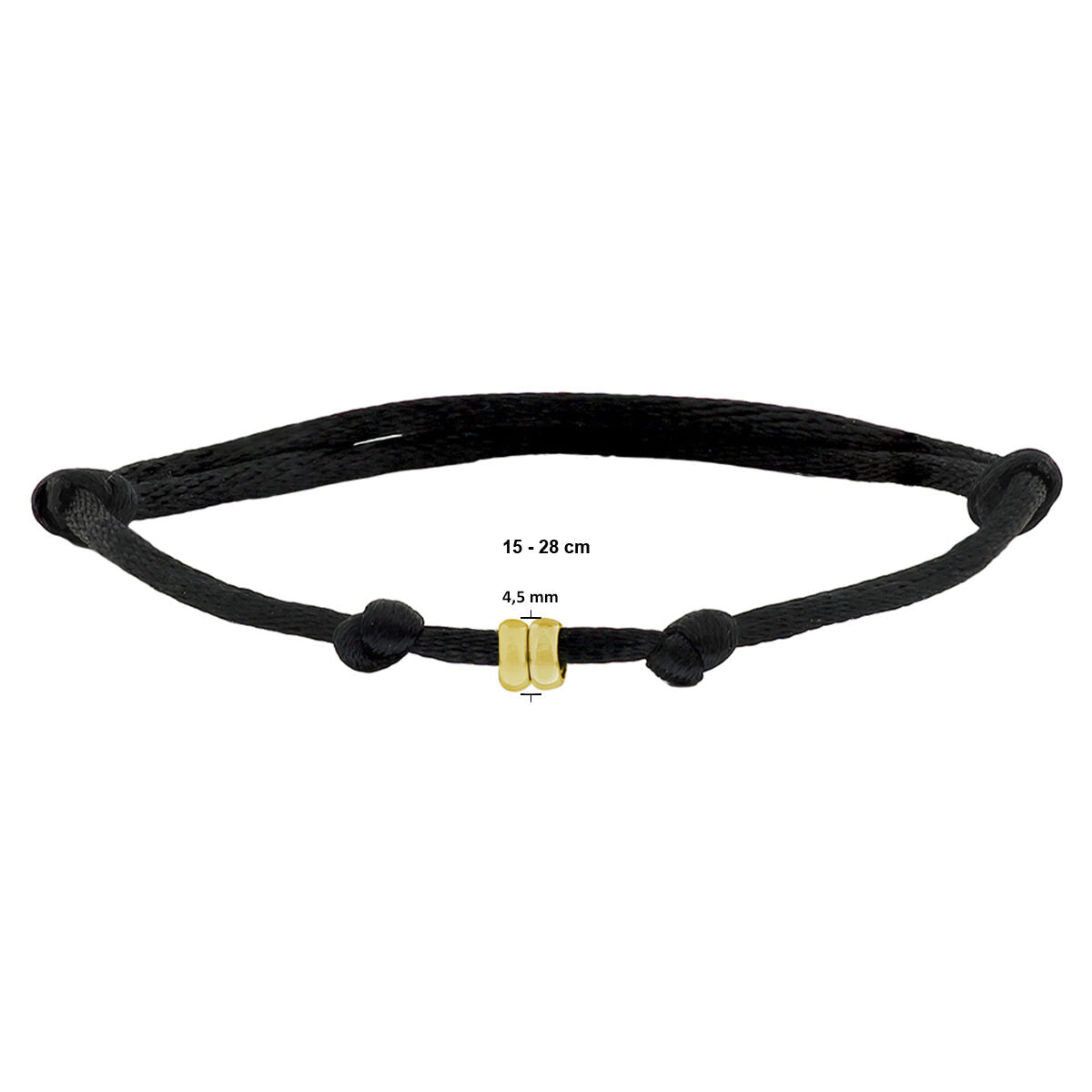 De Van der Kooij Collectie armband satijn (heren lengte) heeft een zwart gevlochten rubber/nylon/leren band met een elegante 14K goud cilindrische kraal (4,5mm), verstelbaar van 15-28cm, afgebeeld op een witte achtergrond.