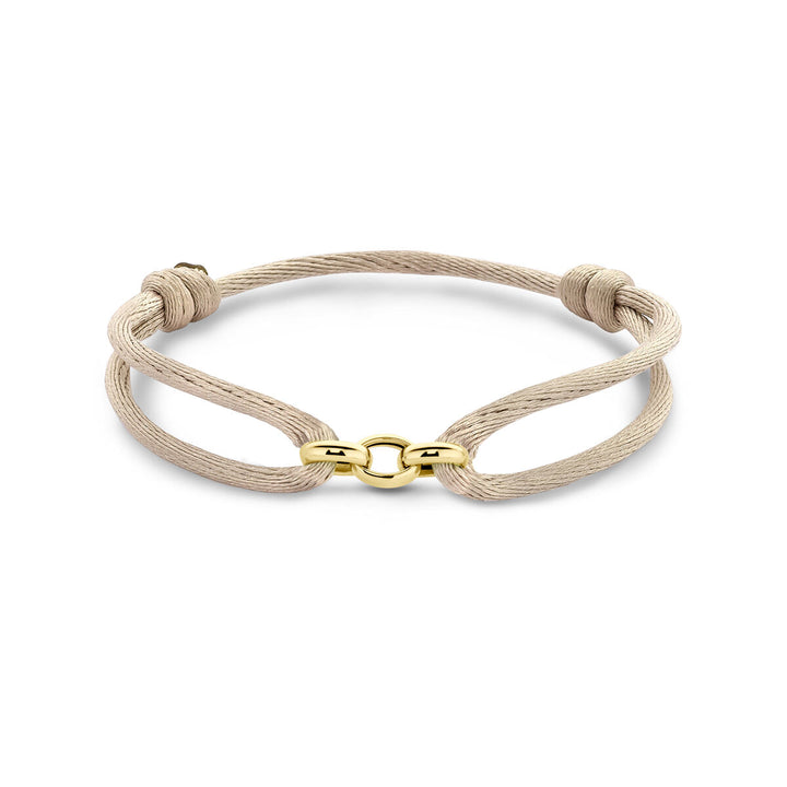 De Van der Kooij Collectie armband satijn beige (13-26 cm) heeft een minimalistisch ontwerp met een lichtbeige koord, twee knopen aan de zijkant en een kleine 14K gouden gesp; gemaakt van rubber/nylon/leer.