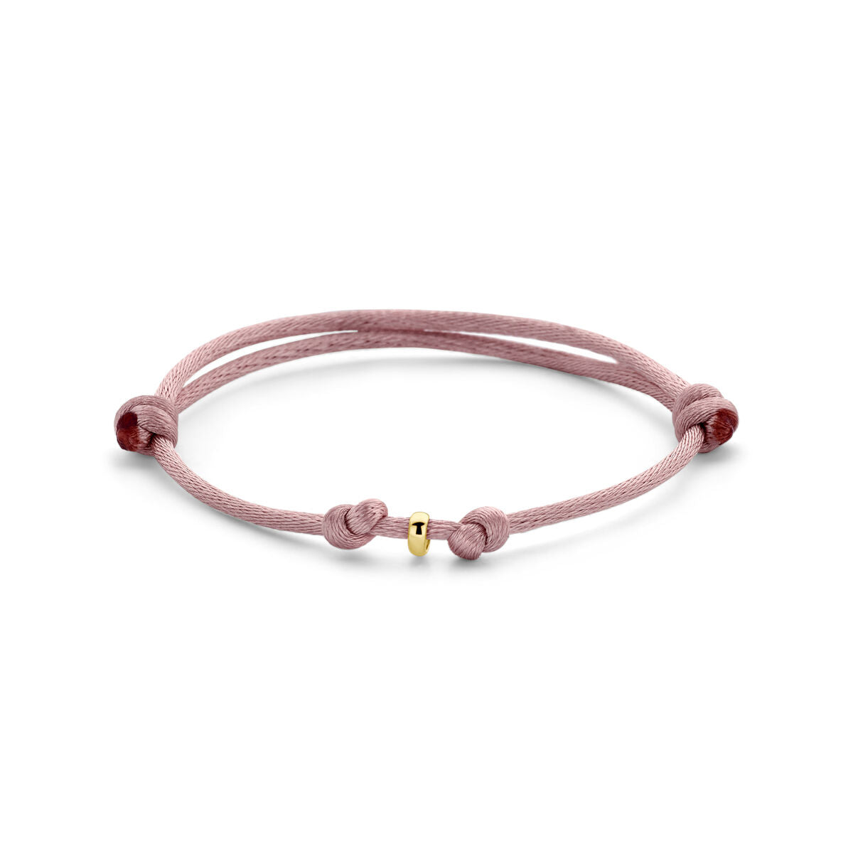Bracelet en satin rose doux avec des nœuds et un détail en or 14K.