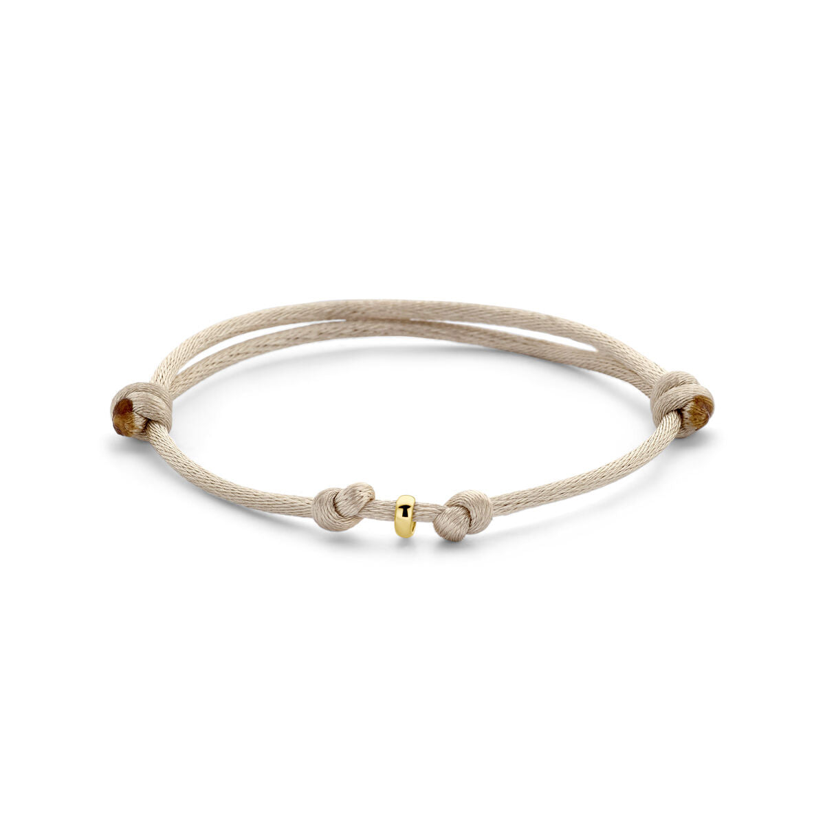 Bracelet en satin beige avec des nœuds, accents en or 14K et éléments en caoutchouc/nylon.