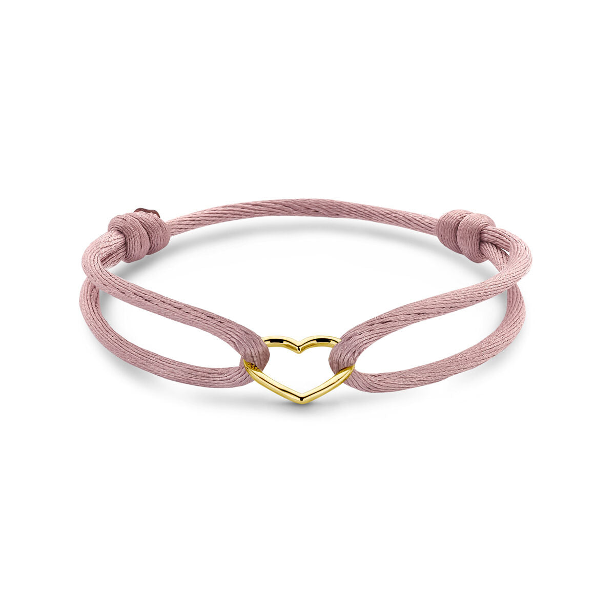 Bracelet en satin rose doux avec un cœur en or 14K et des cordons en caoutchouc/nylon.