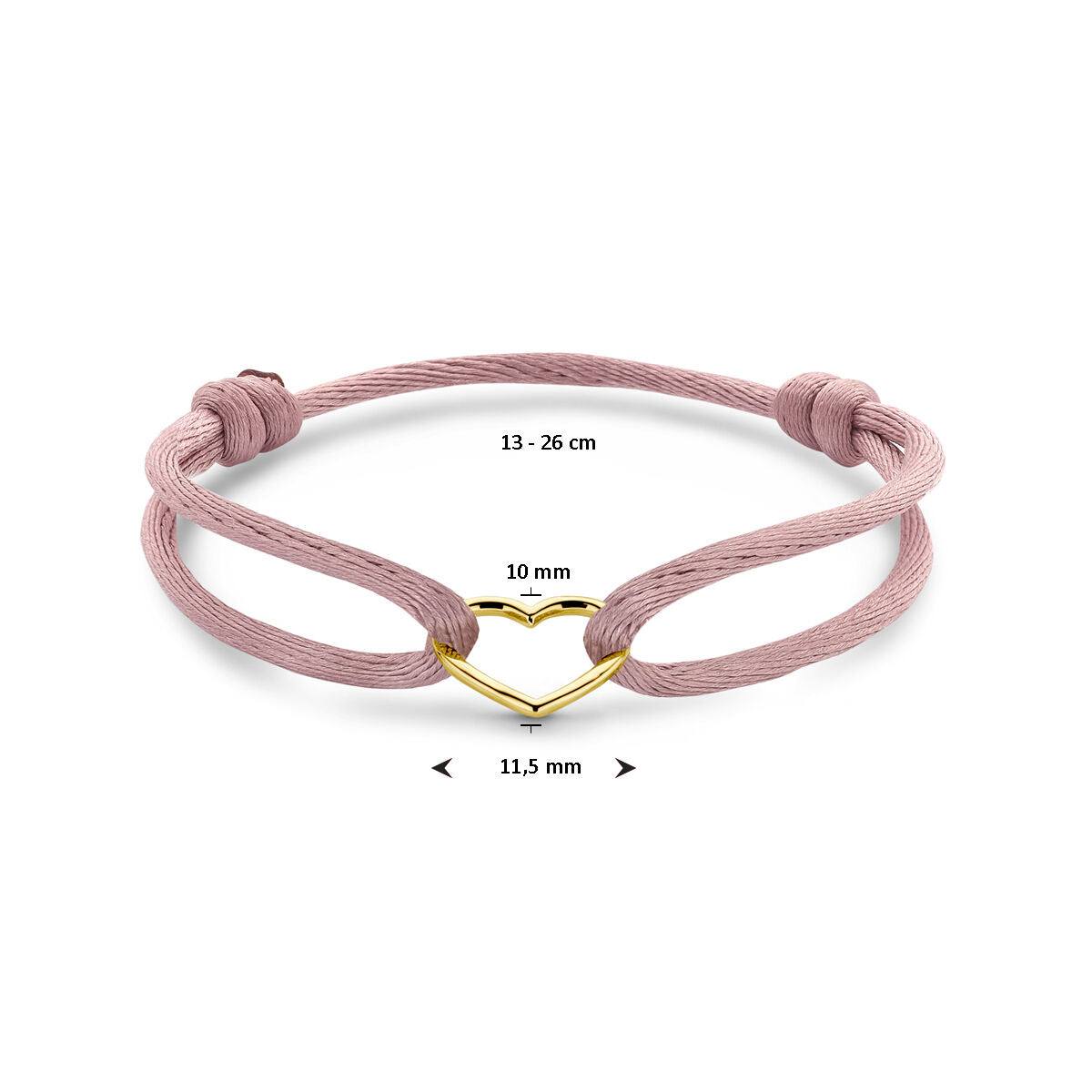 bracelet satin rose doux cœur 13 - 26 cm 14K or avec caoutchouc/nylon/cuir
