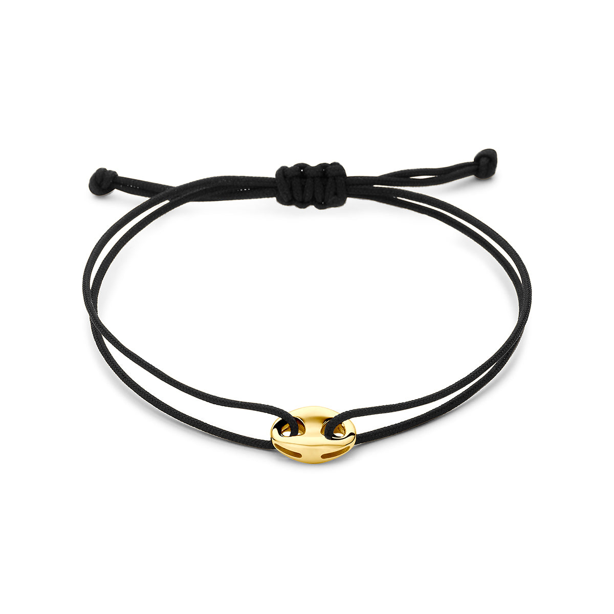 Bracelet en polyester noir avec un motif en or 14K, ajustable jusqu'à 20 cm.