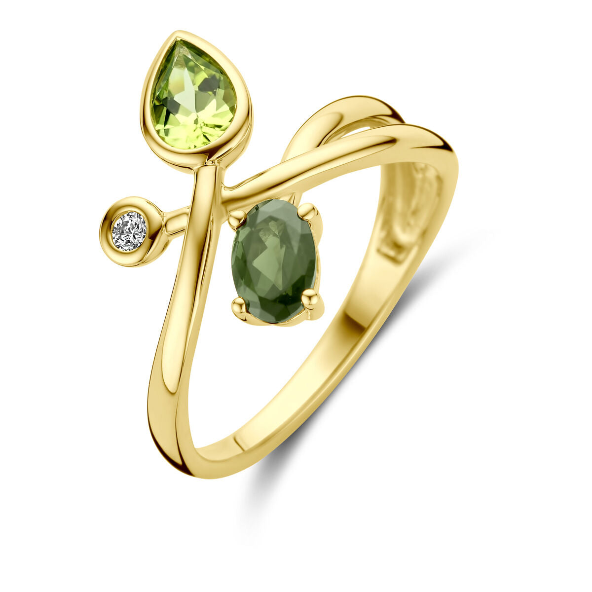 Bague en or jaune 14K avec tourmaline verte, péridot et diamant de 0,03 ct.
