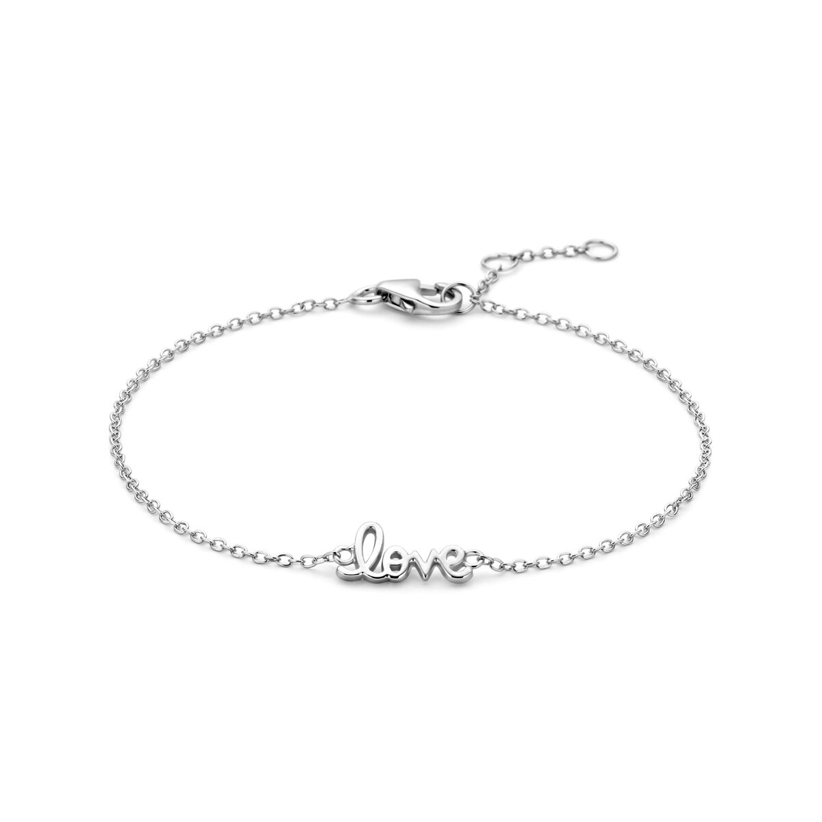 Bracelet en argent rhodié avec le mot "love" en lettres cursives.