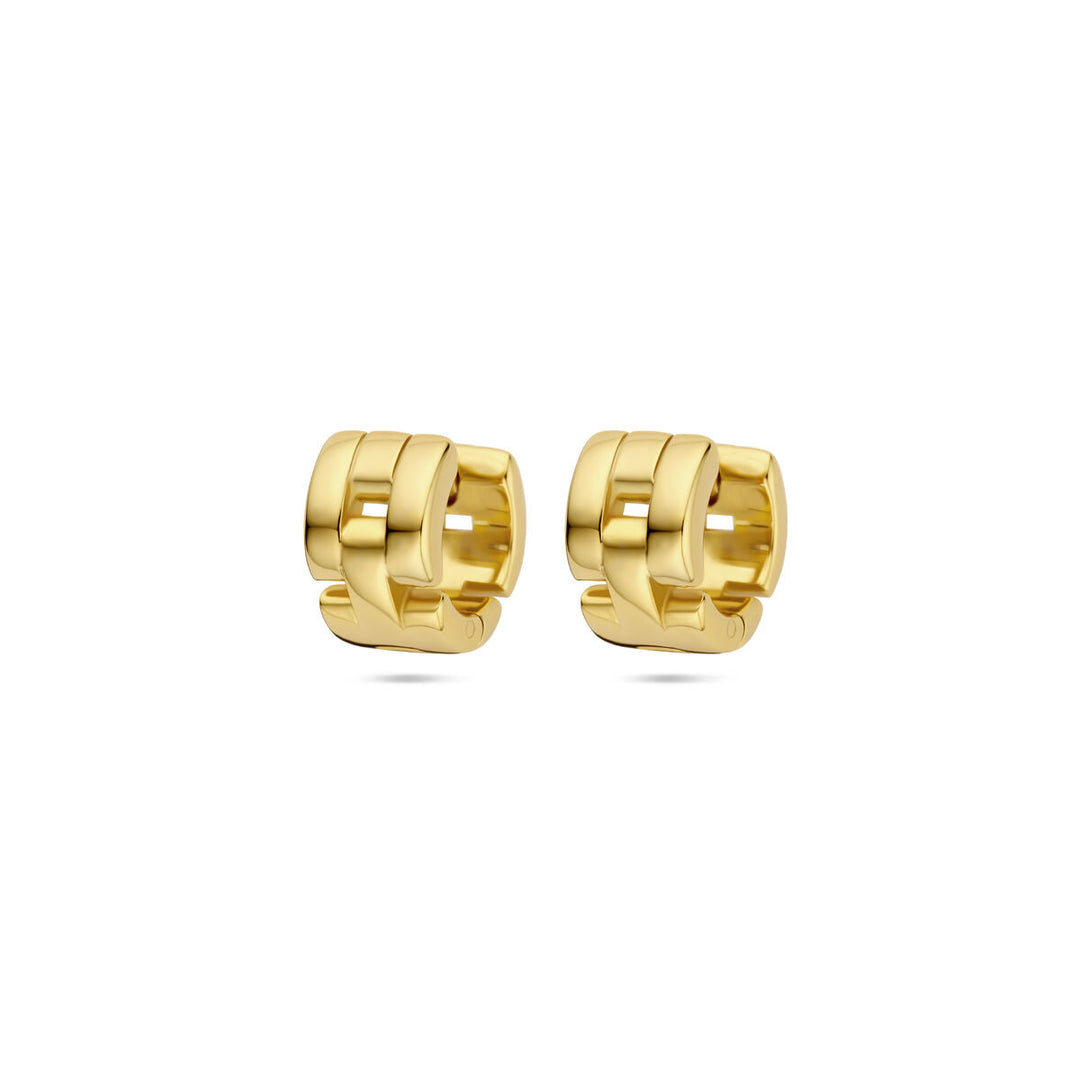Een paar Van der Kooij Collectie klapoorringen schakelmotief 10 mm, 1 micron zilver verguld (geel), met een grof kettingontwerp, weergegeven op een witte achtergrond.