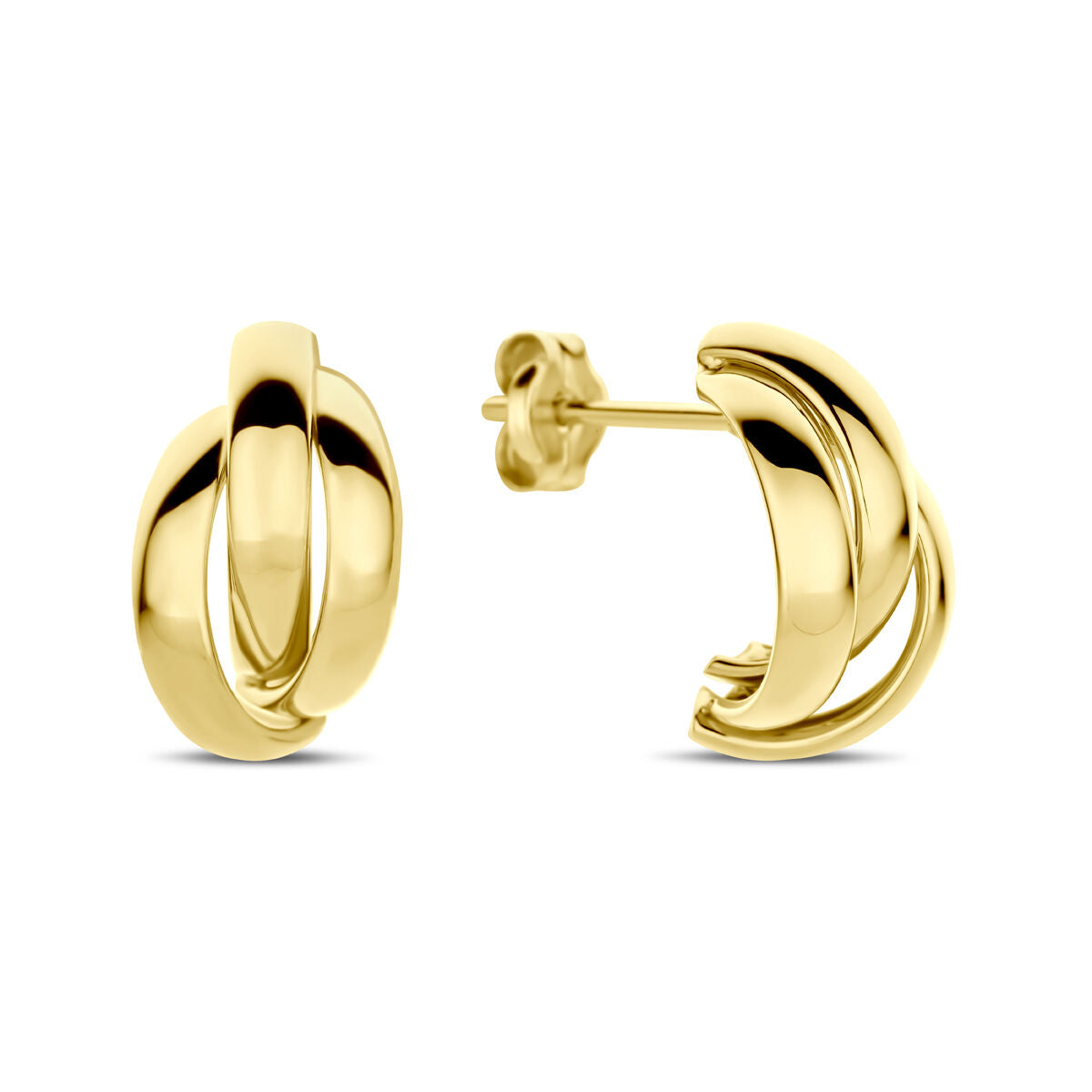 Boucles d'oreilles en or jaune 14K, forme ronde, d'un diamètre de 13 mm, avec un design entrelacé.