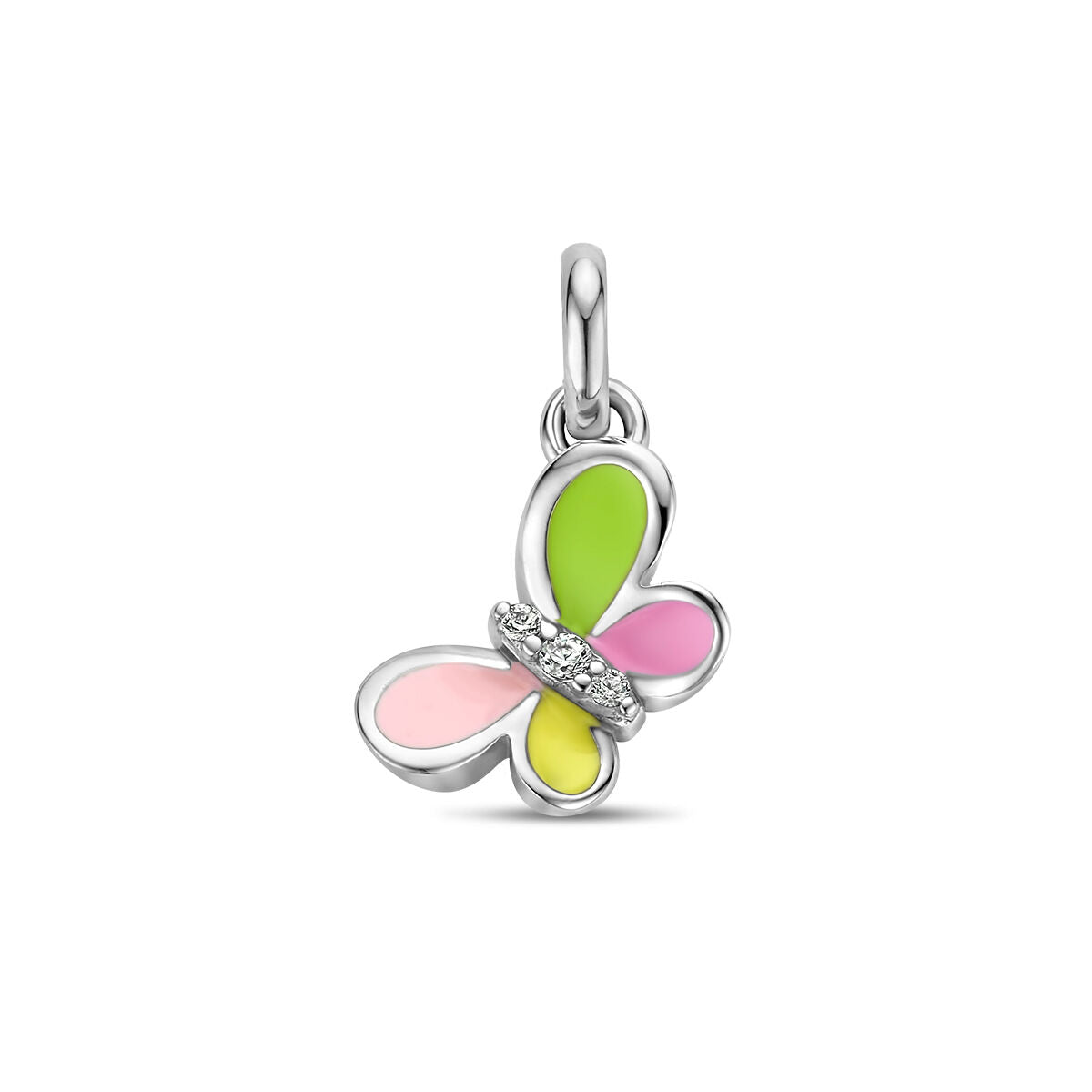 pendentif en forme de papillon en argent rhodié avec zirkonia et émaillage coloré.