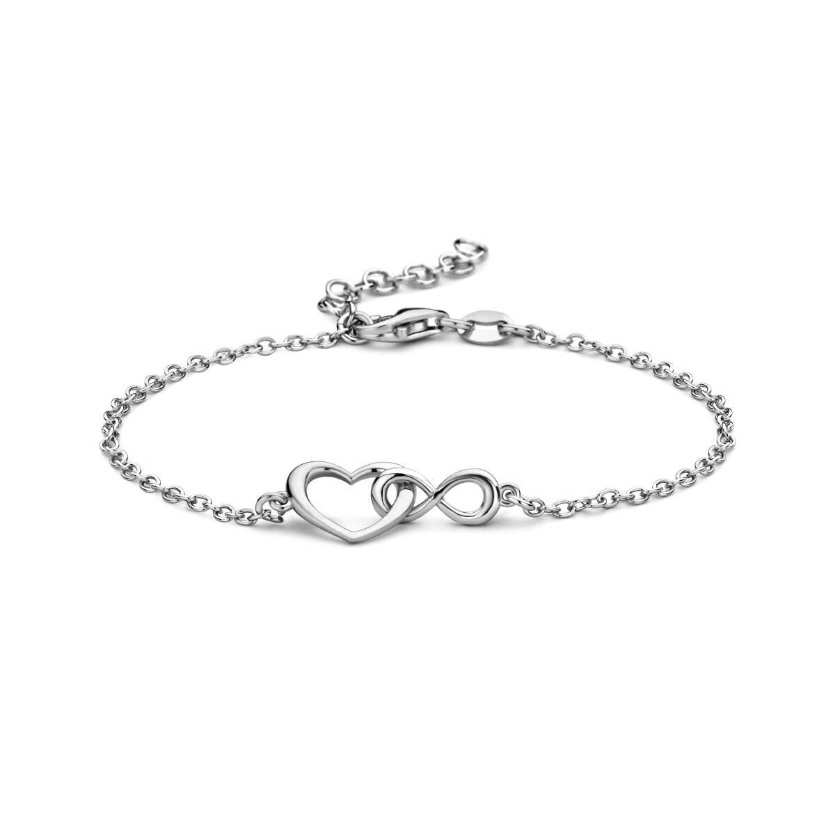 Bracelet en argent rhodié avec motifs cœur et infini, longueur de 16 à 19 cm.